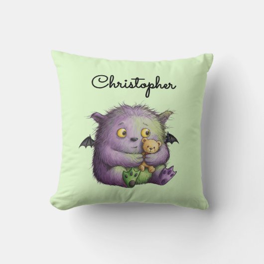 Cute Purple Green Fluffy Monster Buddy クッション (正面)