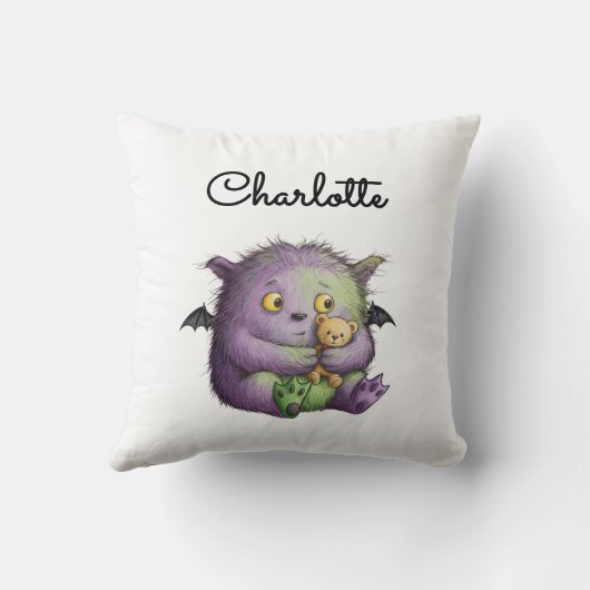 Cute Purple Green Fluffy Monster Buddy クッション (裏面)