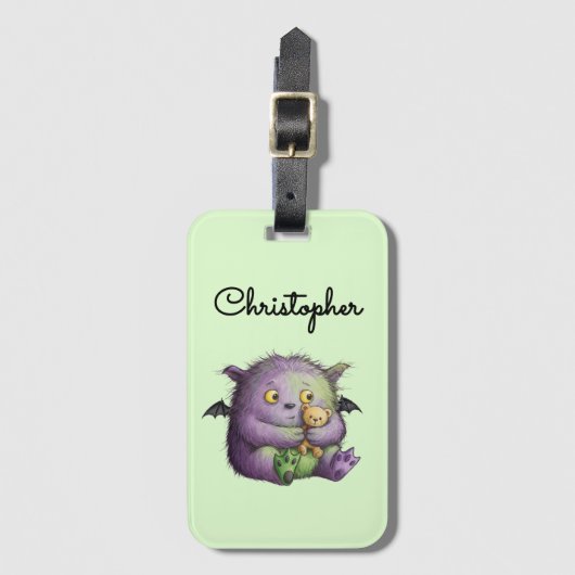 Cute Purple Green Fluffy Monster Buddy ラゲッジタグ (正面縦)
