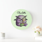 Cute Purple Green Fluffy Monster Buddy ラージ壁時計 (ホーム)