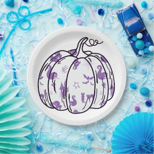 Cute Purple Halloween Icons in Pumpkin ペーパープレート (パーティー)