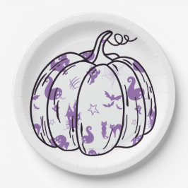 Cute Purple Halloween Icons in Pumpkin ペーパープレート