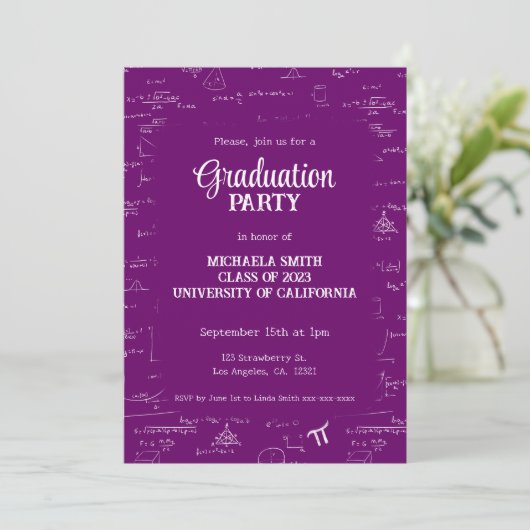 Cute Purple Math Hand-Lettering Photo Graduation 招待状 (スタンド正面)