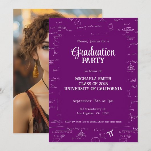 Cute Purple Math Hand-Lettering Photo Graduation 招待状 (正面/裏面)