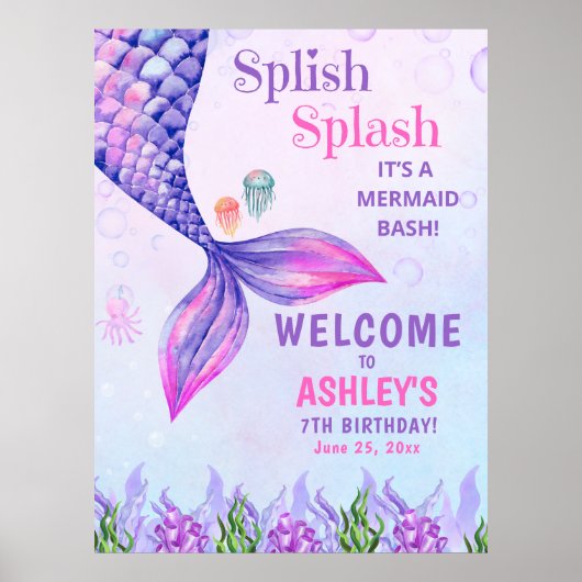 Cute Purple Mermaid Tail, Girl's Birthday Party ポスター (正面)