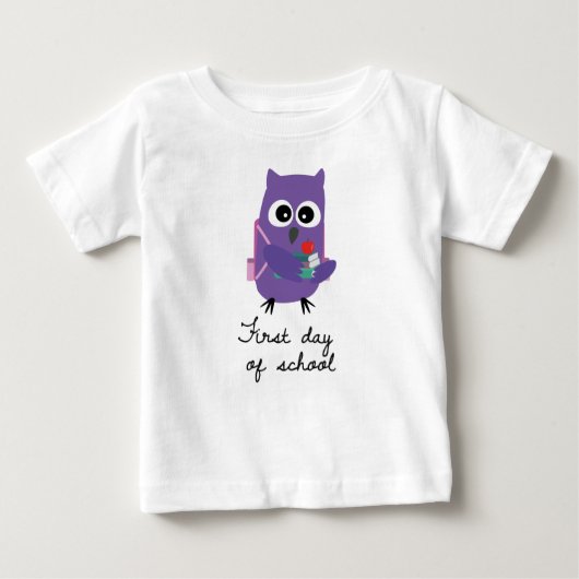 Cute, purple owl, owlet "First day of school" ベビーTシャツ (正面)