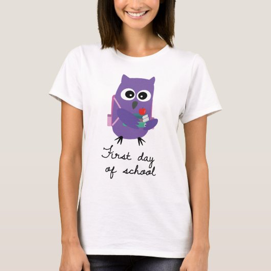 Cute, purple owl, owlet "First day of school" Tシャツ (正面)