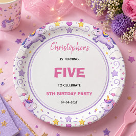 Cute Purple Pastel Magic Unicorn 5th Birthday ペーパープレート