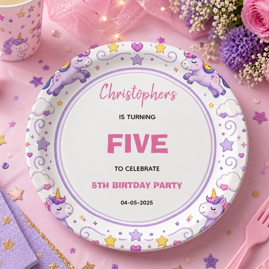 Cute Purple Pastel Magic Unicorn 5th Birthday ペーパープレート