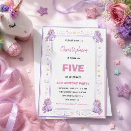 Cute Purple Pastel Magic Unicorn 5th Birthday 招待状
