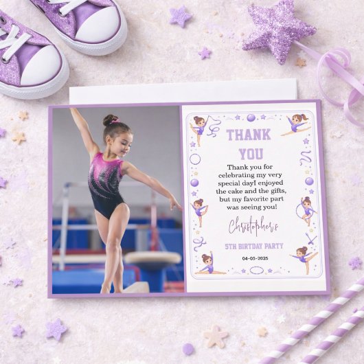 Cute Purple Rhythmic Gymnastics Birthday party サンキューカード