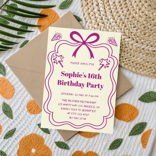 Cute Purple Ribbon Frame Sweet 16 Birthday Party 招待状