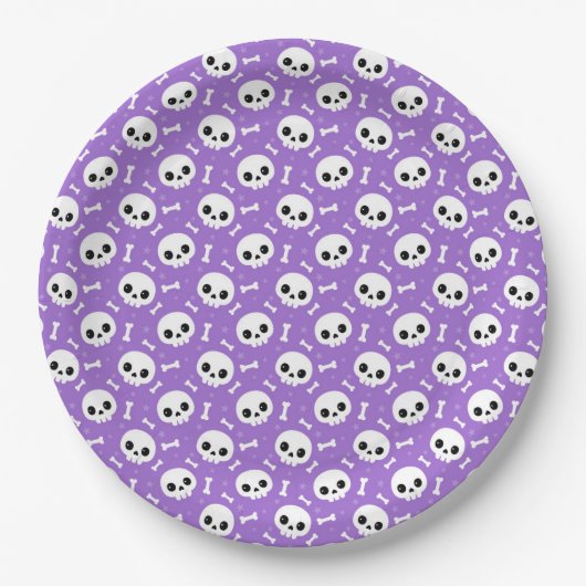 Cute Purple Skull & Bones Halloween Pattern ペーパープレート (正面)