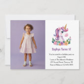 Cute Purple Unicorn Photo Kids Birthday Party 招待状 (正面)