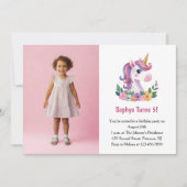 Cute Purple Unicorn Photo Kids Birthday Party 招待状 (正面)