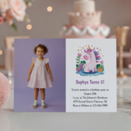 Cute Purple Unicorn Photo Kids Birthday Party 招待状
