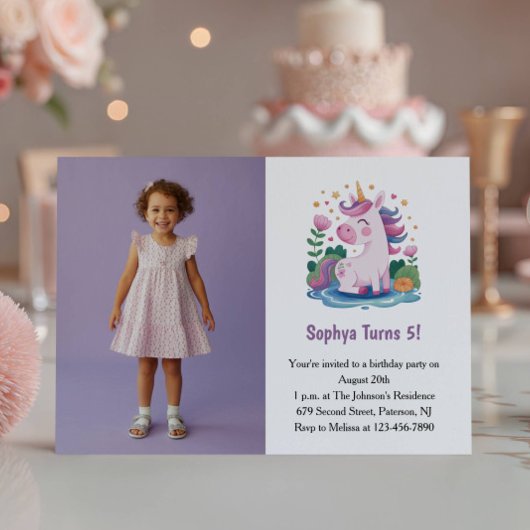 Cute Purple Unicorn Photo Kids Birthday Party 招待状