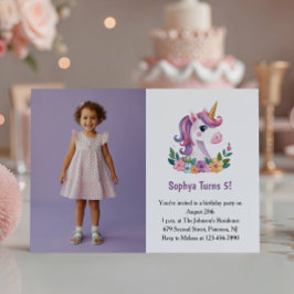 Cute Purple Unicorn Photo Kids Birthday Party 招待状