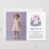 Cute Purple Unicorn Photo Kids Birthday Party 招待状 (正面)
