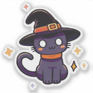 Cute Purple Witch Cat - Kawaii Halloween Kitten シール
