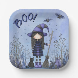 Cute Purple Witch Kids Halloween ペーパープレート