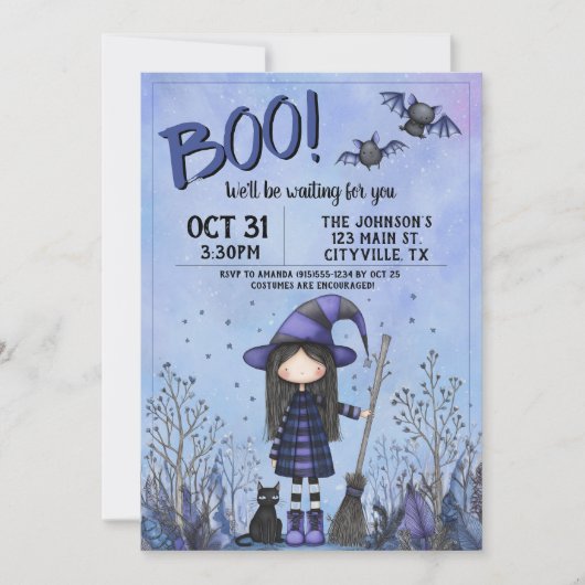 Cute Purple Witch Kids Halloween 招待状 (正面)