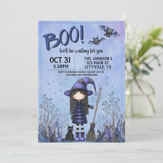 Cute Purple Witch Kids Halloween 招待状 (スタンド正面)