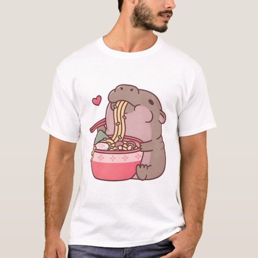 Cute Pygmy Hippo Slurping On Ramen Noodles  Tシャツ (正面)