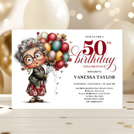 Cute quirky lady turning 50 humorous birthday card 招待状