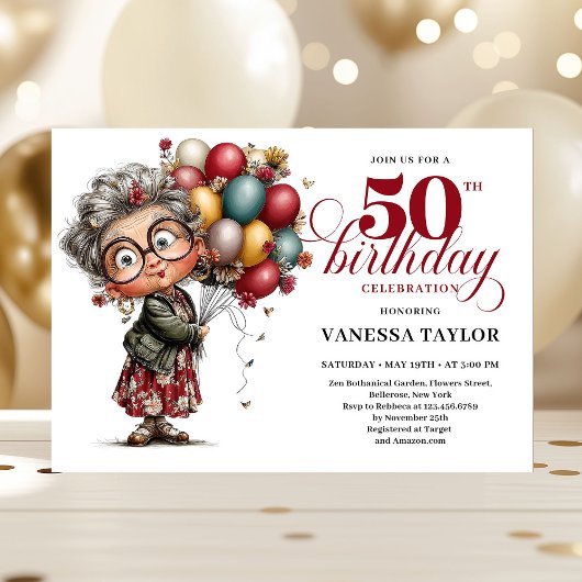 Cute quirky lady turning 50 humorous birthday card 招待状