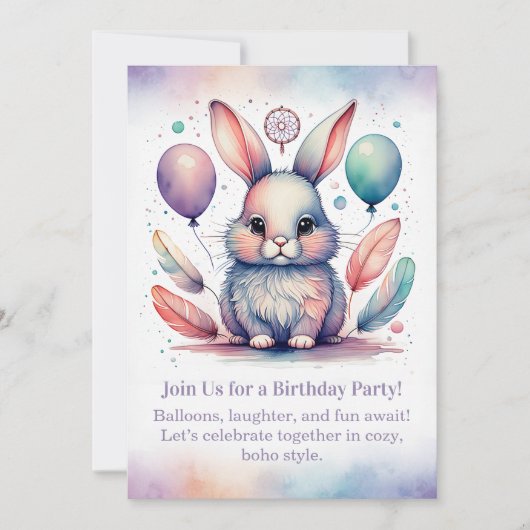 Cute Rabbit Birthday Invitation Woodland Boho 招待状 (正面)