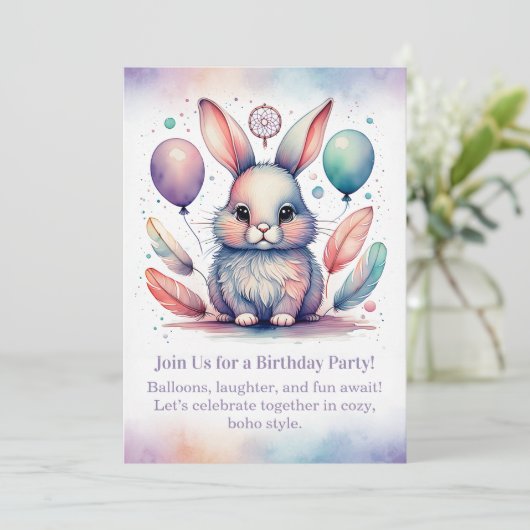 Cute Rabbit Birthday Invitation Woodland Boho 招待状 (スタンド正面)