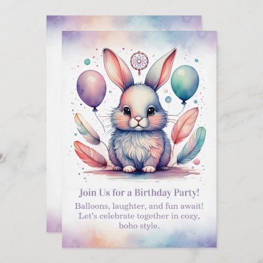Cute Rabbit Birthday Invitation Woodland Boho 招待状 (正面/裏面)