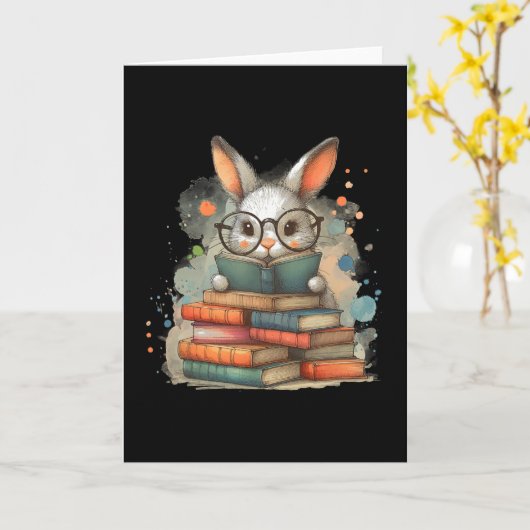 Cute Rabbit Book Lover Easter Gift Reading Bunny W カード (黄色い花)