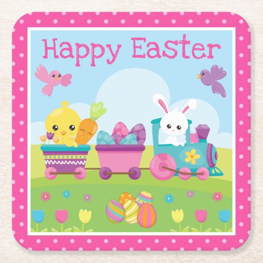 Cute Rabbit, Chick & Chocolate Eggs Train Easter スクエアペーパーコースター (正面)