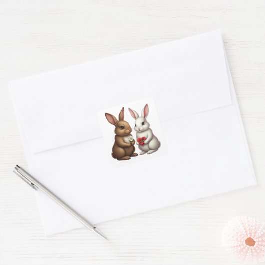 Cute Rabbit Couple – Love Bunny Sticker スクエアシール (封筒)
