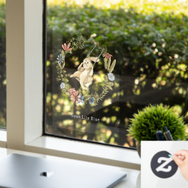 Cute Rabbit On A Swing Floral Wreath Name Sticker ウィンドウサイン