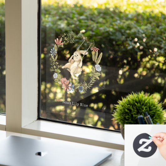 Cute Rabbit On A Swing Floral Wreath Name Sticker ウィンドウサイン (オフィス)
