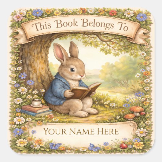 Cute Rabbit Reading a Book - Bookplate スクエアシール (正面)