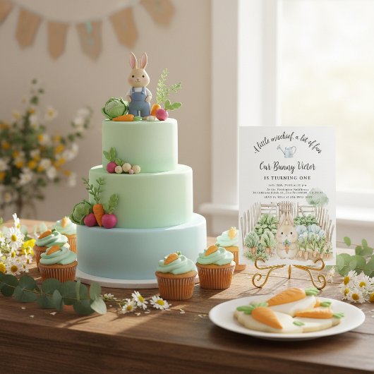 Cute Rabbit Veggie Garden Party First Birthday 招待状