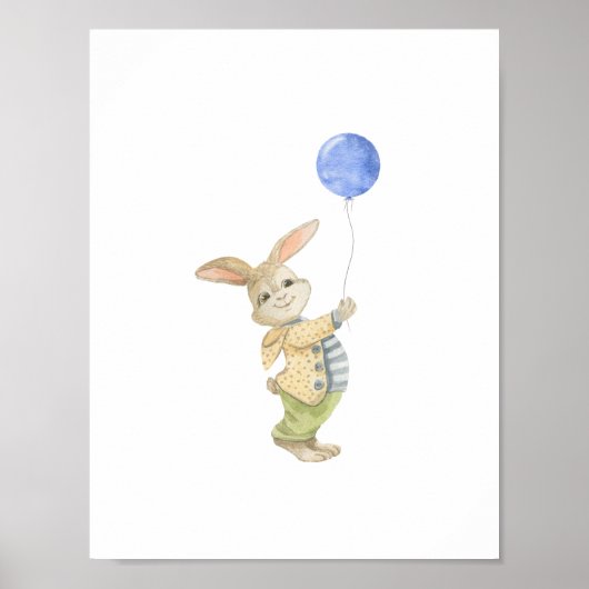 Cute Rabbit With Blue Balloon Nursery Poster ポスター (正面)