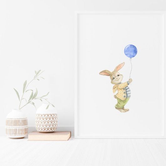 Cute Rabbit With Blue Balloon Nursery Poster ポスター