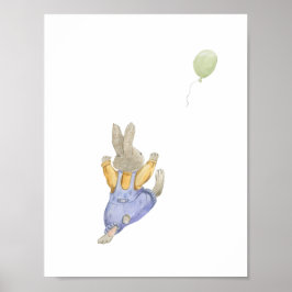 Cute Rabbit With Green Balloon Nursery Poster ポスター
