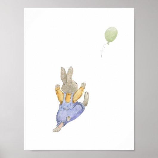 Cute Rabbit With Green Balloon Nursery Poster ポスター (正面)