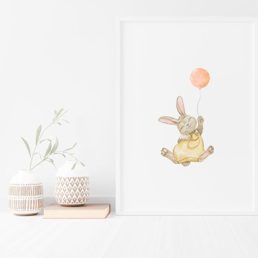 Cute Rabbit With Pink Balloon Nursery Poster ポスター