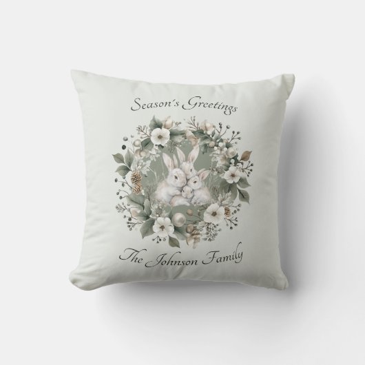 Cute Rabbits in a Floral Winter Wreath クッション (正面)