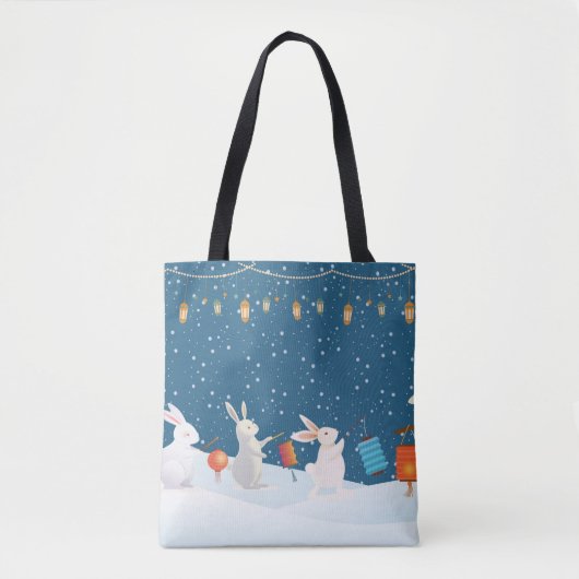 Cute Rabbits Lantern Parade Through Snow Christmas トートバッグ (正面)