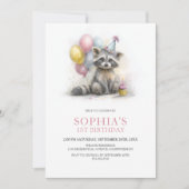 Cute Raccoon 1st Birthday Party 招待状 (正面)