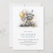Cute Raccoon 1st Birthday Party Invitation 招待状 (正面)