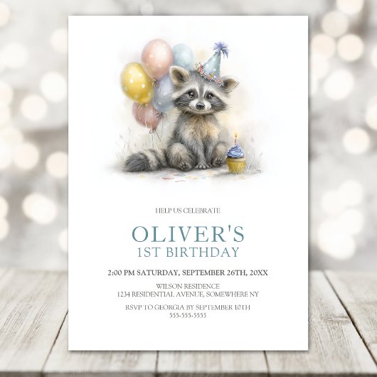 Cute Raccoon 1st Birthday Party Invitation 招待状
